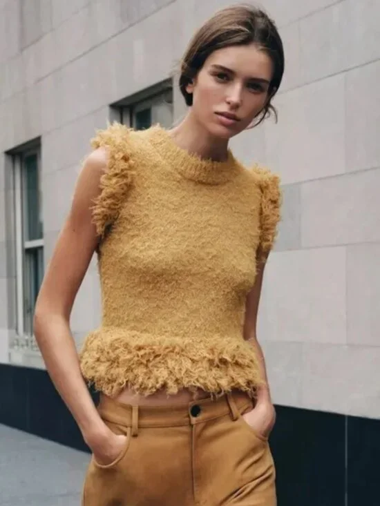 Zara Mustard Yellow Ruffle Trim Textured Fuzzy Knit Vest Top, Size Small - Picture 3 of 16
